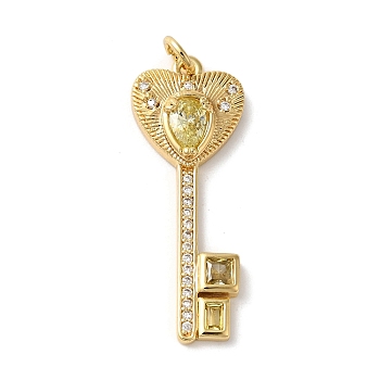 Rack Plating Brass Micro Pave Cubic Zirconia Pendants, with Glass Crystal, Long-Lasting Plated, Lead Free & Cadmium Free, with Jump Ring, Key, Light Goldenrod Yellow, 32x12x4.5mm, Hole: 3mm