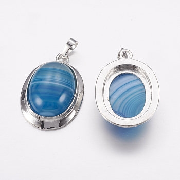 Natural Agate Pendants, with Platinum Tone Alloy Findings, Oval, 37x25x10mm, Hole: 4x8mm