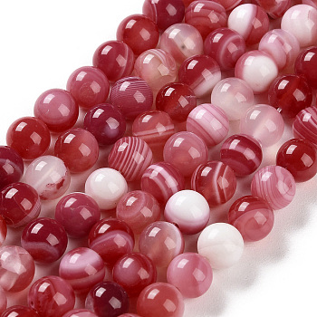 Natural Striped Agate/Banded Agate Beads Strands, Dyed, Round, Indian Red, 8mm, Hole: 1.2mm, about 24pcs/strand, 7.48''(19cm)