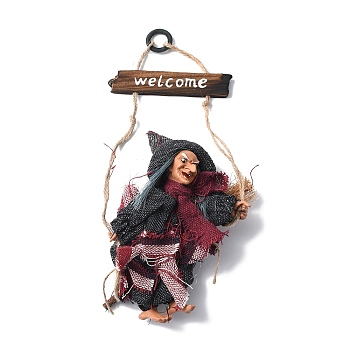 Halloween Flying Witch Cloth Hanging Decorations, with Wood Welcome Sign, for Ghost Festival Bar Decoration, Gray, 284x117x35mm, Hole: 15mm