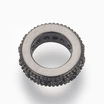 Brass Micro Pave Cubic Zirconia Beads, Lead Free & Cadmium Free, Flat Round, Black, Gunmetal, 8x2mm, Hole: 4.5mm