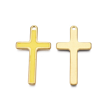 304 Stainless Steel Enamel Pendants, Real 18K Gold Plated, Cross, Yellow, 40x22x1.5mm, Hole: 2mm