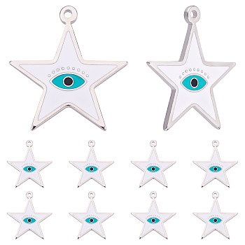 Nbeads 10Pcs 304 Stainless Steel Enamel Pendants, Star with Eye Evil, Stainless Steel Color, White, 22x20x1mm, Hole: 1.2mm
