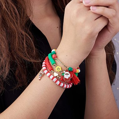 Hand Crafted Bracelet Christmas Theme Red Green Clay Beads Stretch Gift