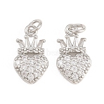 Valentine's Day Brass Micro Pave Clear Cubic Zirconia Pendants, Nickel Free, Heart with Crown Charms, Platinum, 14x8x2.5mm, Hole: 1.8mm(KK-A298-08P)