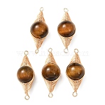 Natural Tiger Eye Round Links Connector Charms with Copper Herringbone Wire-Wrapped, Golden, Long-Lasting Plated, 27~28x10x11mm, Hole: 1.4~1.6mm(KK-Z152-05G-02A)