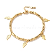 Vacuum Plating 304 Stainless Steel Leaf Charm Bracelet with 201 Stainless Steel Round Beads for Women, Golden, 8-5/8 inch(22cm)(BJEW-B057-18G)