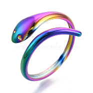 304 Stainless Steel Snake Cuff Ring, Open Wrap Ring for Women Girls, Rainbow Color, US Size 6(17.1mm)(RJEW-N038-113M)
