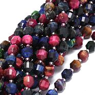 Natural Tiger Eye Beads Strands, with Seed Beads, Faceted, Bicone, Double Terminated Point Prism Beads, Dyed & Heated, Colorful, 9~10.5x8~10mm, Hole: 0.8mm, about 31pcs/strand, 15.16 inch(38.5cm)(G-O201B-84)
