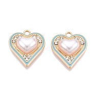 Rack Plating Alloy Rhinestone Pendants, with ABS Plastic Imitation Pearl, Heart, Pale Turquoise, 18.5x16.5x5.5mm, Hole: 1.8mm(FIND-N005-19D)