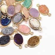 Electroplate Natural Druzy Crystal Links connectors, with Golden Tone Brass Findings, Oval, Dyed, Mixed Color, 23x12x4~8mm, Hole: 2mm(G-A124-03)