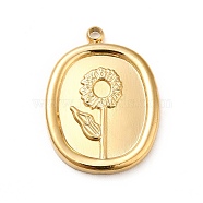 Ion Plating(IP) 304 Stainless Steel Pendants, Oval wih Flower , Real 18K Gold Plated, 20.5x15x2mm, Hole: 1.4mm(STAS-H172-17G)