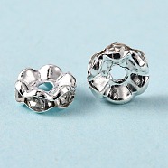 Brass Rhinestone Spacer Beads, Grade A, Waves Edge, Rondelle, Silver Color Plated, Clear, Size: about 8mm in diameter, 3.5mm thick, hole: 1.5mm(RB-A006-8MM-S)