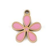 304 Stainless Steel Enamel Charms, Flower Charm, Real 18K Gold Plated, Ion Plating(IP), Pink, 11x9.5x1.5mm, Hole: 1mm(STAS-I325-102A-G)