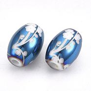 Electroplate Glass Beads, Barrel with Flower Pattern, Blue Plated, 11x8mm, Hole: 1.6mm, 200pcs/bag(EGLA-S173-03D)