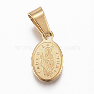 304 Stainless Steel Religion Pendants, Oval with Single Sided Saint Jude, Golden, 13.5x8x1.5mm, Hole: 4x6mm(STAS-G155-91G)