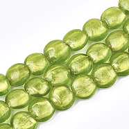 Handmade Silver Foil Lampwork Glass Beads, Flat Round, Yellow Green, 12~13.5x11.5~13.5x7.5~8.5mm, Hole: 1~2mm(SLF12MMY-1I)