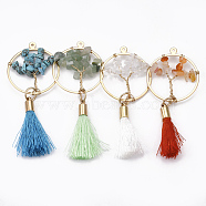 Brass Wire Wrapped Big Pendants, with Natural & Synthetic Mixed Stone Chip Beads and Polyester Tassel, Ring with Tree, Golden, 70~75x30x5~10mm, Hole: 1mm(G-T110-01)