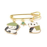Panda and Bamboo Leaf Charm Enamel Brooch Pin, Alloy Safety Pin for Scarves Sweater, Golden, Colorful, 46x50mm, Pin: 1.5mm(JEWB-BR00063-02)