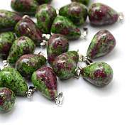 teardrop, Natural Ruby in Zoisite Pendants, with Platinum Plated Brass Findings, 21~24x12~14mm, Hole: 2x7mm(X-G-Q435-25)