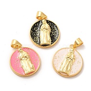 Eco-Friendly Rack Plating Brass Enamel Pendants, with Sequins, Long-Lasting Plated, Lead Free & Cadmium Free, Flat Round with Virgin Mary Charm, Real 18K Gold Plated, Mixed Color, 19x17x3mm, Hole: 3x4mm(KK-F851-06G)