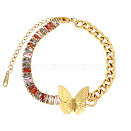 Stainless Steel Link Bracelets, with Colorful Rhinestone, Butterfly, 5-7/8 inch(15cm)(SO5298-2)