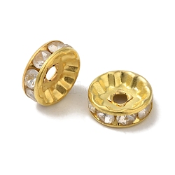 Brass Rhinestone Spacer Beads, Grade B, Clear, Golden Metal Color, Size: about 10mm in diameter, 4mm thick, hole: 2mm