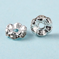 Brass Rhinestone Spacer Beads, Grade A, Waves Edge, Rondelle, Silver Color Plated, Clear, Size: about 8mm in diameter, 3.5mm thick, hole: 1.5mm(RB-A006-8MM-S)