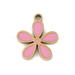 304 Stainless Steel Enamel Charms, Flower Charm, Real 18K Gold Plated, Ion Plating(IP), Pink, 11x9.5x1.5mm, Hole: 1mm(STAS-I325-102A-G)