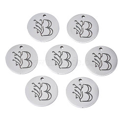 304 Stainless Steel Charms, Laser Cut, Designed Letter Engraved, Flat Round, Stainless Steel Color, Letter.B, 14x1mm, Hole: 1.2mm(STAS-T059-26P-B)