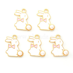 Light Gold Plated Alloy Enamel Pendants, Rabbit with Pearl, Pink, 17x13x1.5mm, Hole: 1.8mm(ENAM-R136-23A)
