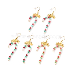 3 Pairs 3 Style Glass Christmas Candy Cane with Alloy Bowknot Dangle Earrings, Gold Plated Brass Jewelry for Women, Mixed Color, 69mm, Pin: 0.8mm, 1 Pair/style(EJEW-JE04971)