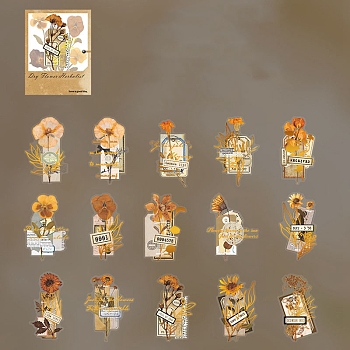 30Pcs 6 Styles PET Waterproof Self-Adhesive Decorative Stickers, Dried Flower Specimen Series Decals for DIY Scrapbooking, Orange, 75x120x5mm, 5pcs/style