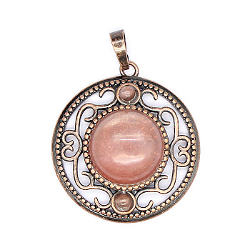 Retro Hollow Cherry Quartz Glass Pendants, Flat Round Pendants, with Red Copper Metal Finding , 36x33mm