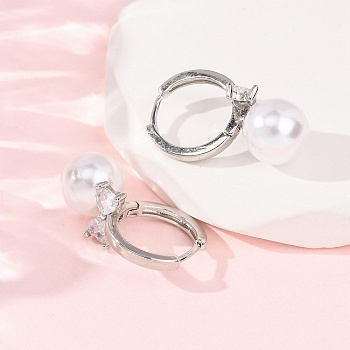 Bowknot with Round Brass Hoop Earrings, with ABS Plastic Imitation Pearl, Cadmium Free & Lead Free, Rack Plating, Long-Lasting Plated, Platinum, 25x10mm
