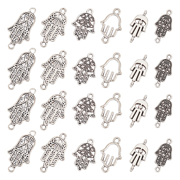 PandaHall Elite 12 Sets 6 Style Tibetan Style Alloy Connector Charms, Hamsa Hand/Hand of Miriam, Antique Silver, 18~28x8.5~15.5x1~3.5mm, Hole: 1.2~2mm, 10pcs/set, 2 sets/style