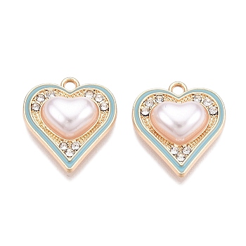 Rack Plating Alloy Rhinestone Pendants, with ABS Plastic Imitation Pearl, Heart, Pale Turquoise, 18.5x16.5x5.5mm, Hole: 1.8mm