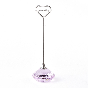Diamond Shape Glass Name Card Holder, Wedding Table Number Card Holders, with Iron Findings, Heart, Pearl Pink, 130mm
