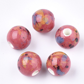 Handmade Porcelain Beads, Fancy Antique Glazed Porcelain, Round, Light Coral, 10.5x9.5mm, Hole: 2.5mm