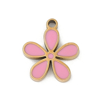 304 Stainless Steel Enamel Charms, Flower Charm, Real 18K Gold Plated, Ion Plating(IP), Pink, 11x9.5x1.5mm, Hole: 1mm