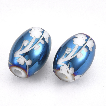 Electroplate Glass Beads, Barrel with Flower Pattern, Blue Plated, 11x8mm, Hole: 1.6mm, 200pcs/bag