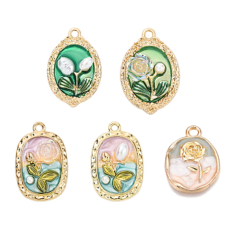 5Pcs 5 Styles Flower Rack Plating Alloy Enamel Pendants, with ABS Imitation Pearl & Resin, Cadmium Free & Nickel Free & Lead Free, Light Gold, Mixed Color, 21~31x15.5~21x3~5.5mm, Hole: 1.8~2.2mm, 1pc/style