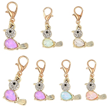 20Pcs Alloy K5 Glass Bird Pendant Decorations, with Alloy Lobster Claw Clasps, Light Gold, Mixed Color, 32mm