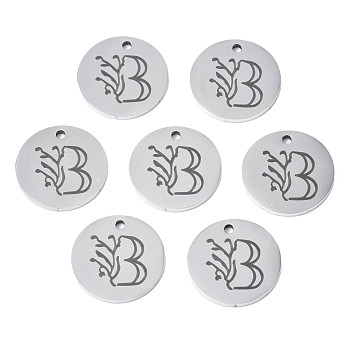 304 Stainless Steel Charms, Laser Cut, Designed Letter Engraved, Flat Round, Stainless Steel Color, Letter.B, 14x1mm, Hole: 1.2mm