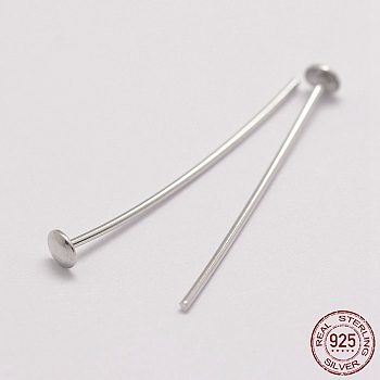 Rhodium Plated 925 Sterling Silver Flat Head Pins, Platinum, 25x0.6mm, Head: 3mm