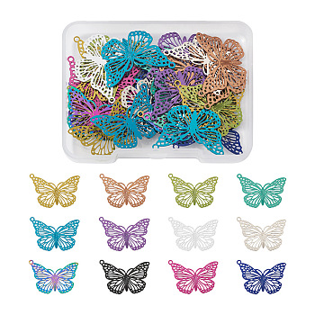 48Pcs 12 Colors 304 Stainless Steel Pendants, Etched Metal Embellishments, Butterfly, Mixed Color, 19x26x0.4mm, Hole: 1.2mm, 4pcs/color