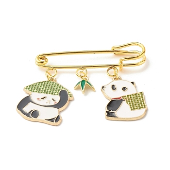 Panda and Bamboo Leaf Charm Enamel Brooch Pin, Alloy Safety Pin for Scarves Sweater, Golden, Colorful, 46x50mm, Pin: 1.5mm