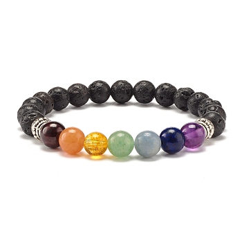 Natural Lava Rock & Mixed Stone Round Beads Stretch Bracelet, 7 Chakra Jewelry for Women, Inner Diameter: 2-3/8 inch(6.1cm)
