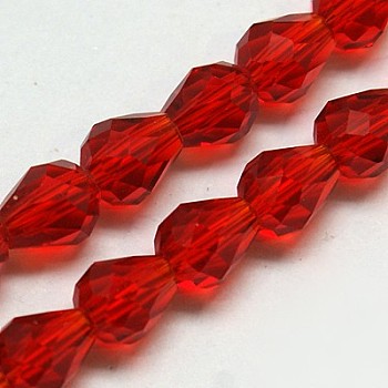 Glass Beads Strands, Faceted, teardrop, Red, 12x8mm, Hole: 1mm, about 56~58pcs/strand, 25~27 inch
