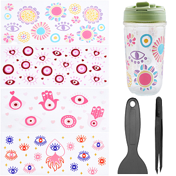 4Pcs 4 Styles UV Transfer Sticker for Glass Cup, Decorative Decals for Drinking Glasses, with Plastic Scrapers & Anti-Static Beading Tweezers, Evil Eye, 110x230mm, 1pc/style